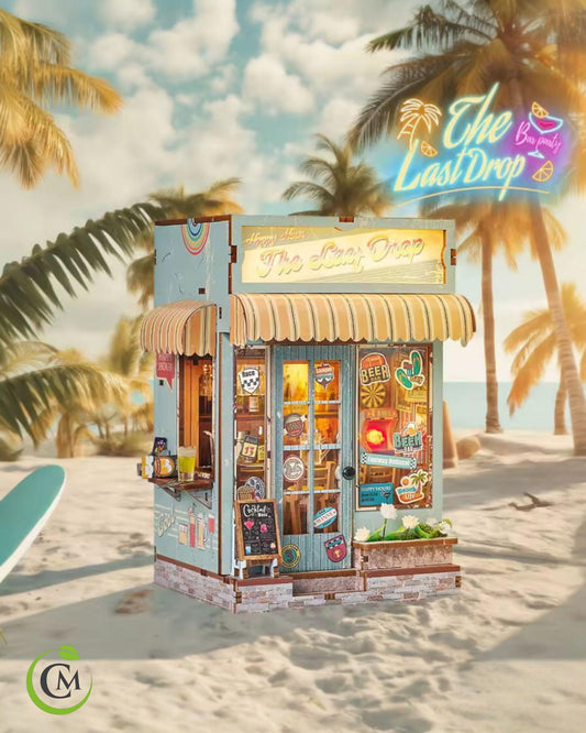 Beach Bar Book Nook Kit | DIY Wooden Bookshelf Insert with Lights, Summer Tropical Miniature 3D Puzzle Craft for Adults