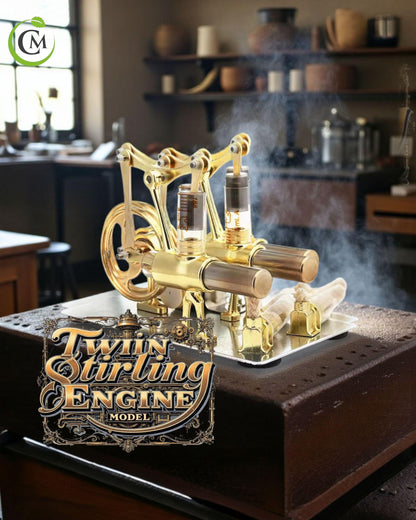 Gold-coloured twin-cylinder Stirling engine model on a metal base with flywheel and steam effect in workshop scene.