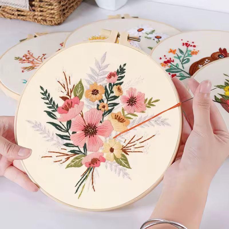 Embroidery Kit for Beginners - DIY Floral Cross Stitch Kit with Hoop, Printed Fabric and Threads - Hand Embroidery Starter Set