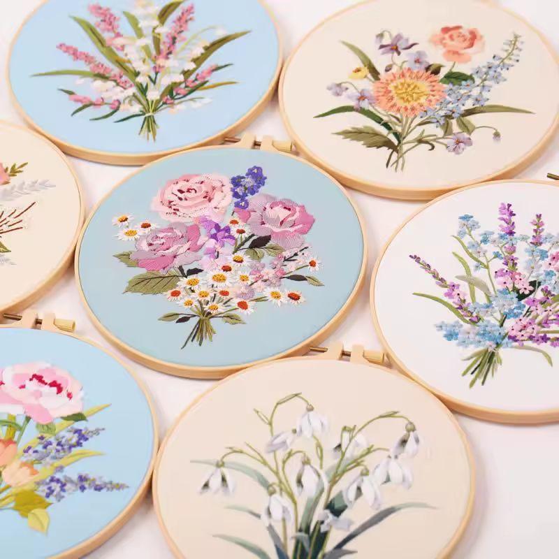 Embroidery Kit for Beginners - DIY Floral Cross Stitch Kit with Hoop, Printed Fabric and Threads - Hand Embroidery Starter Set