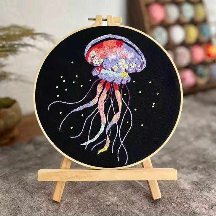 Embroidery Kit Jellyfish Patterns for Beginners | DIY Needlepoint Cross Stitch Starter Set | Handmade Ocean Decor Craft Gift