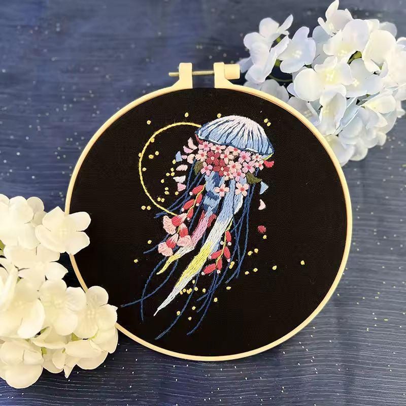 Embroidery Kit Jellyfish Patterns for Beginners | DIY Needlepoint Cross Stitch Starter Set | Handmade Ocean Decor Craft Gift