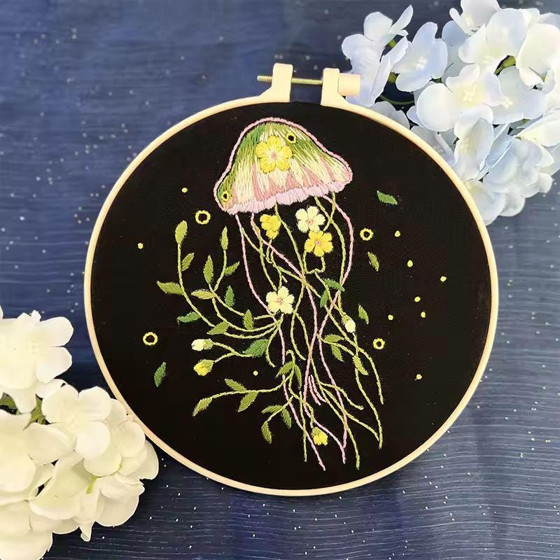 Embroidery Kit Jellyfish Patterns for Beginners | DIY Needlepoint Cross Stitch Starter Set | Handmade Ocean Decor Craft Gift