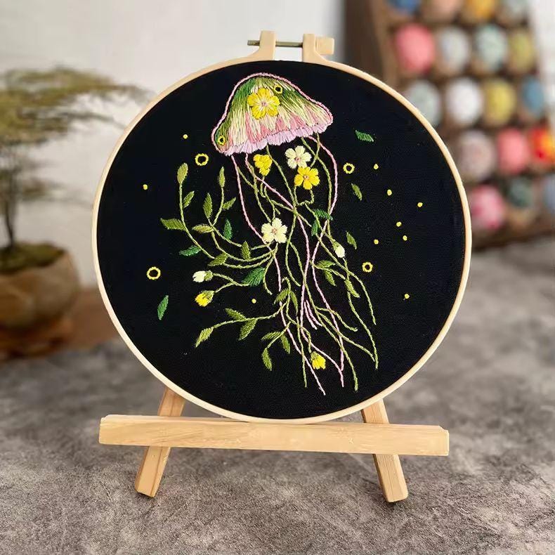 Embroidery Kit Jellyfish Patterns for Beginners | DIY Needlepoint Cross Stitch Starter Set | Handmade Ocean Decor Craft Gift