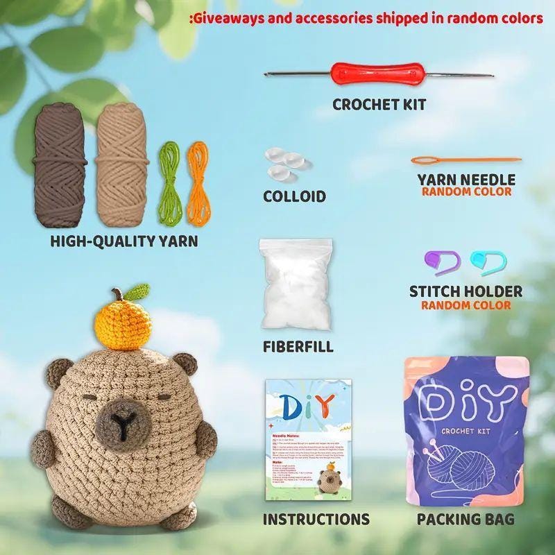 Capybara Crochet Kit - DIY Amigurumi Animal Crochet Kit for Beginners | Yarn, Hook, Stuffing & Video Tutorial | Cute Handmade Gift