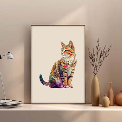 Framed colourful tabby cat puzzle artwork displayed on a shelf beside dried branches in vases.