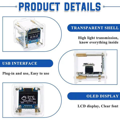 ESP8266 weather clock feature guide identifying transparent shell, USB interface and OLED display.