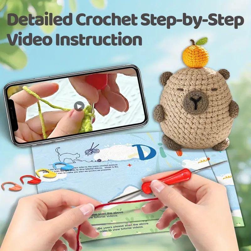 Capybara Crochet Kit - DIY Amigurumi Animal Crochet Kit for Beginners | Yarn, Hook, Stuffing & Video Tutorial | Cute Handmade Gift