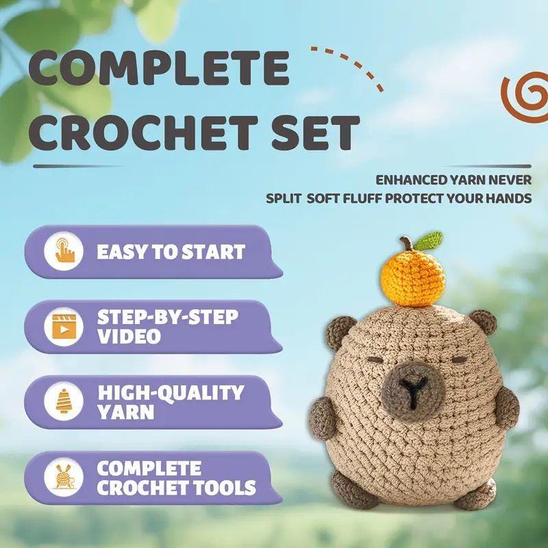 Capybara Crochet Kit - DIY Amigurumi Animal Crochet Kit for Beginners | Yarn, Hook, Stuffing & Video Tutorial | Cute Handmade Gift