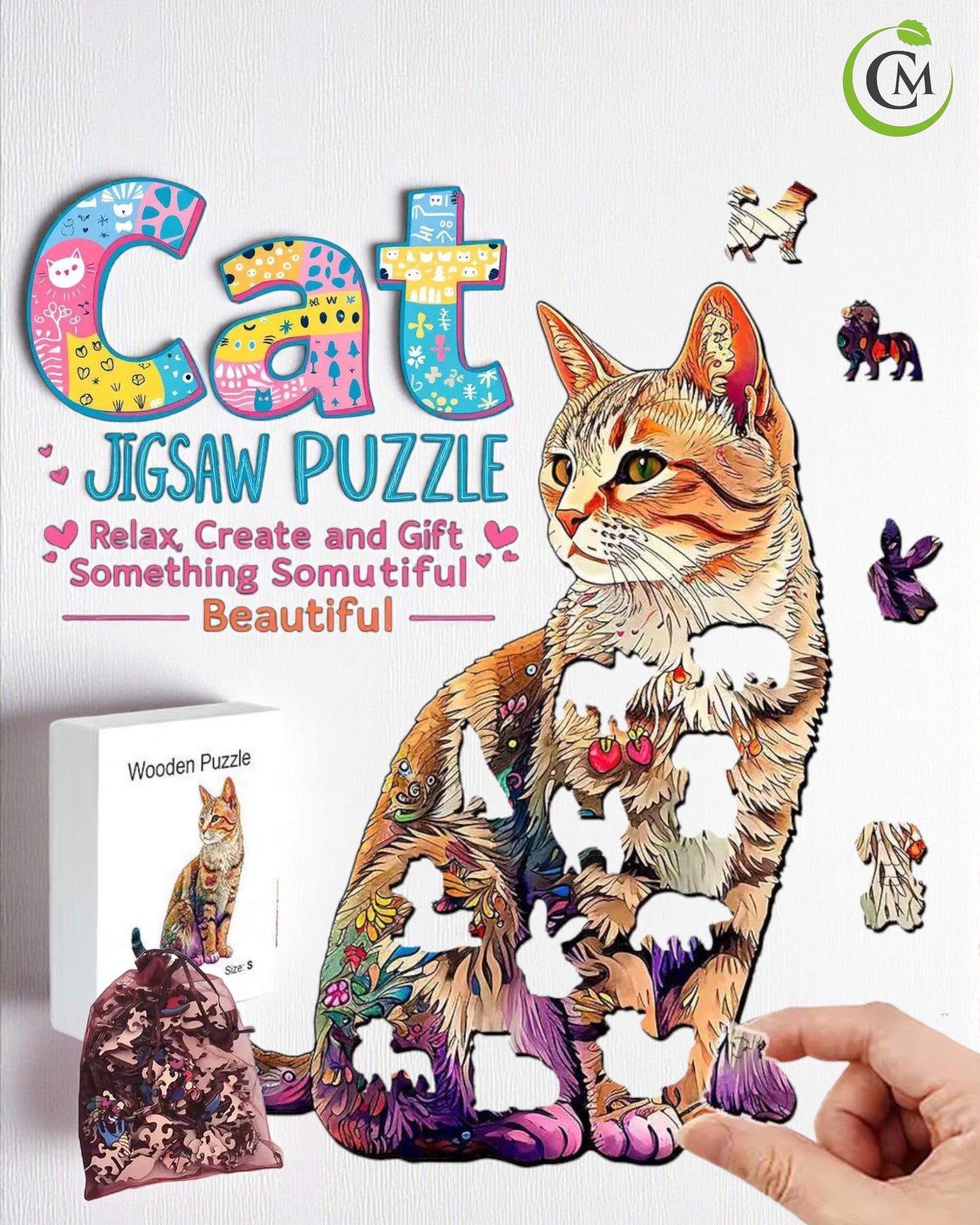 Cat Wooden Jigsaw Puzzle Gift | Animal Shaped Wooden Puzzle for Adults & Cat Lovers | Mindful Hobby | Unique Home Decor | Christmas Gift