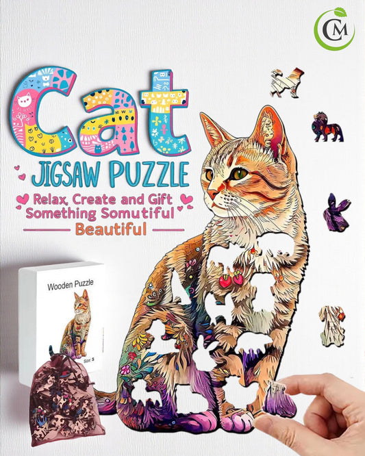 Cat Wooden Jigsaw Puzzle Gift | Animal Shaped Wooden Puzzle for Adults & Cat Lovers | Mindful Hobby | Unique Home Decor | Christmas Gift