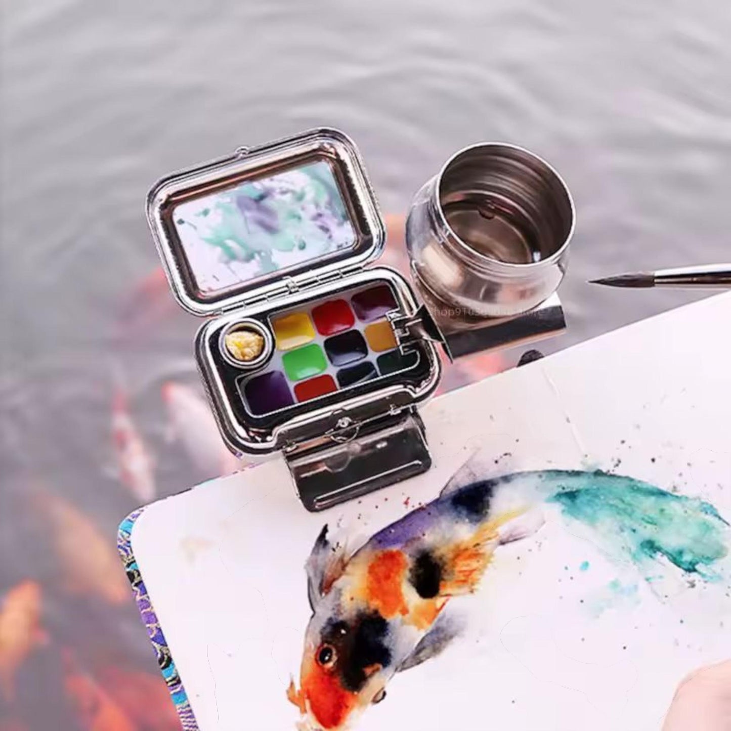 Travel Watercolour Paint Set | Mini Portable Palette with 10 Grids | Watercolour Painting Kit for Artists & Beginners | Gift for Art Lovers