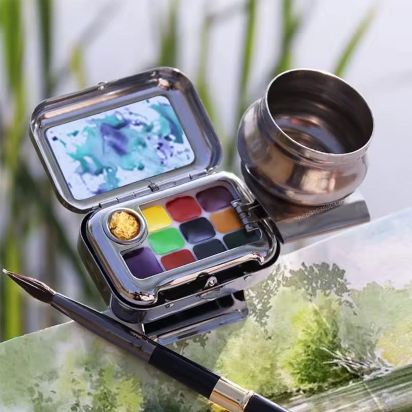 Travel Watercolour Paint Set | Mini Portable Palette with 10 Grids | Watercolour Painting Kit for Artists & Beginners | Gift for Art Lovers