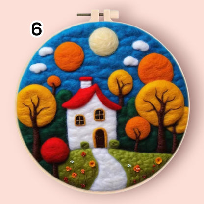 Wool Felting Painting Kit - DIY Needle Felting Craft Set- Nature Landscape waterfalls - 6. Autumn Cottage