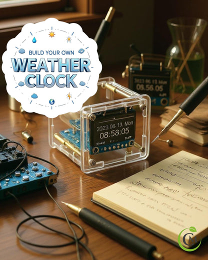 DIY ESP8266 weather clock in clear cube case with illuminated digital display beside soldering equipment on a desk.
