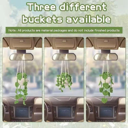 Three different crocheted hanging plant baskets suspended inside cars as examples of finished designs.