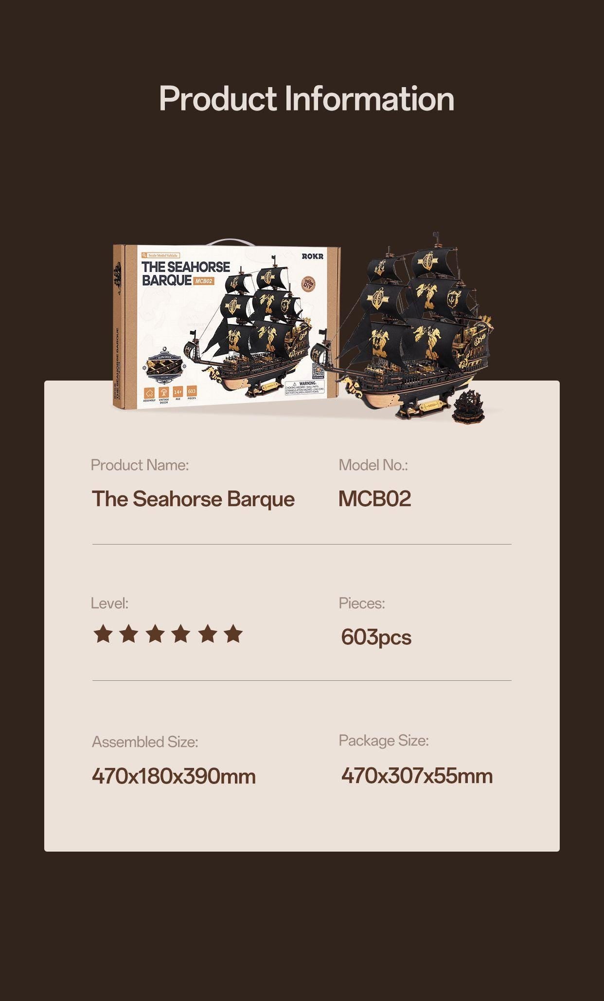 The Seahorse Barque 3D Wooden Puzzle | 603-Piece DIY Laser-Cut Model Ship | Wooden Warship Kit for Adults & Teens | Nautical Home Decor Gift