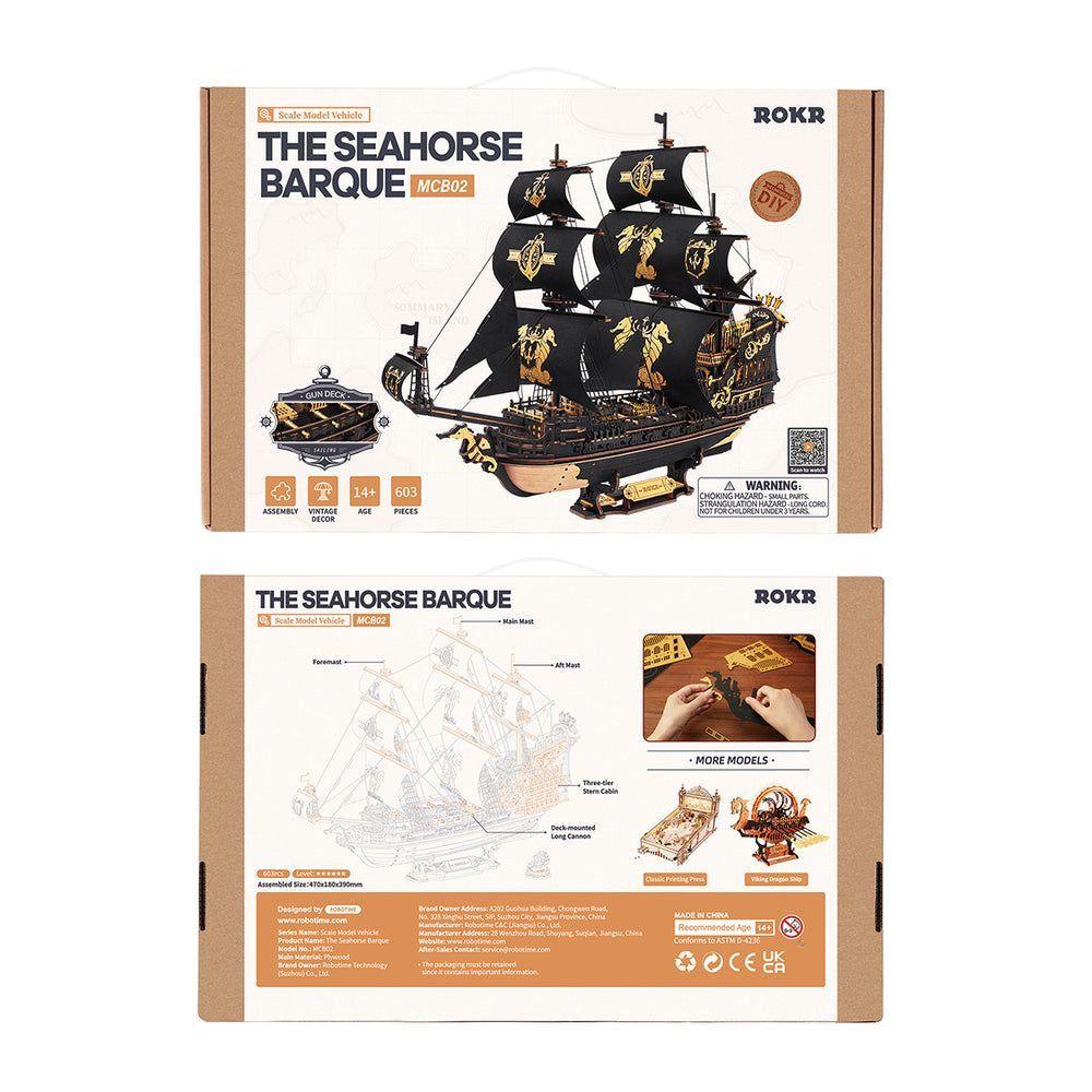 The Seahorse Barque 3D Wooden Puzzle | 603-Piece DIY Laser-Cut Model Ship | Wooden Warship Kit for Adults & Teens | Nautical Home Decor Gift