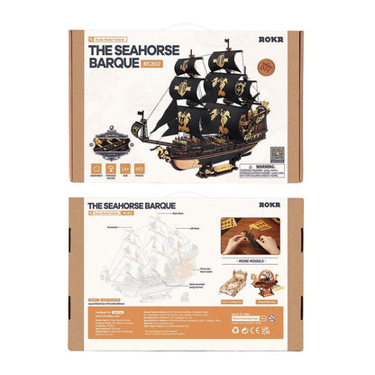 Front and back of ROKR Seahorse Barque 603-piece wooden model ship retail packaging.