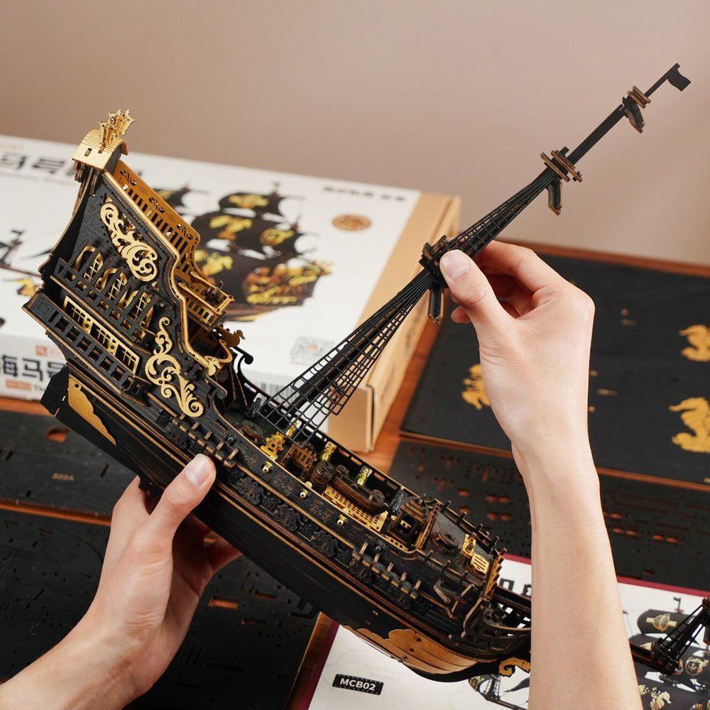 The Seahorse Barque 3D Wooden Puzzle | 603-Piece DIY Laser-Cut Model Ship | Wooden Warship Kit for Adults & Teens | Nautical Home Decor Gift