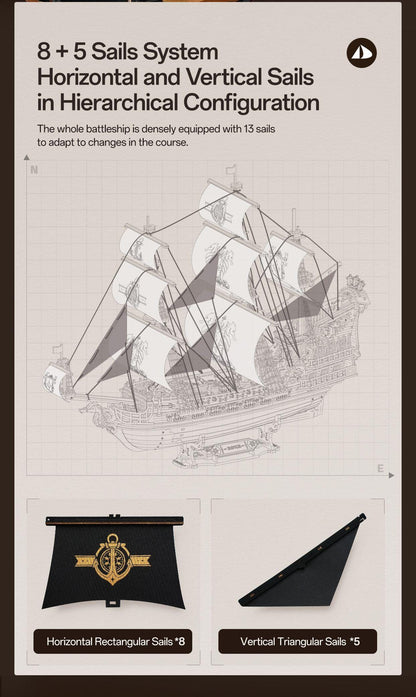 Seahorse Barque ship model sail layout diagram with eight rectangular and five triangular black sails.