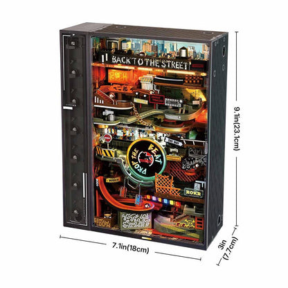 ROKR Hip-Hop Street marble run model size chart showing 23 cm height and 18 cm width.