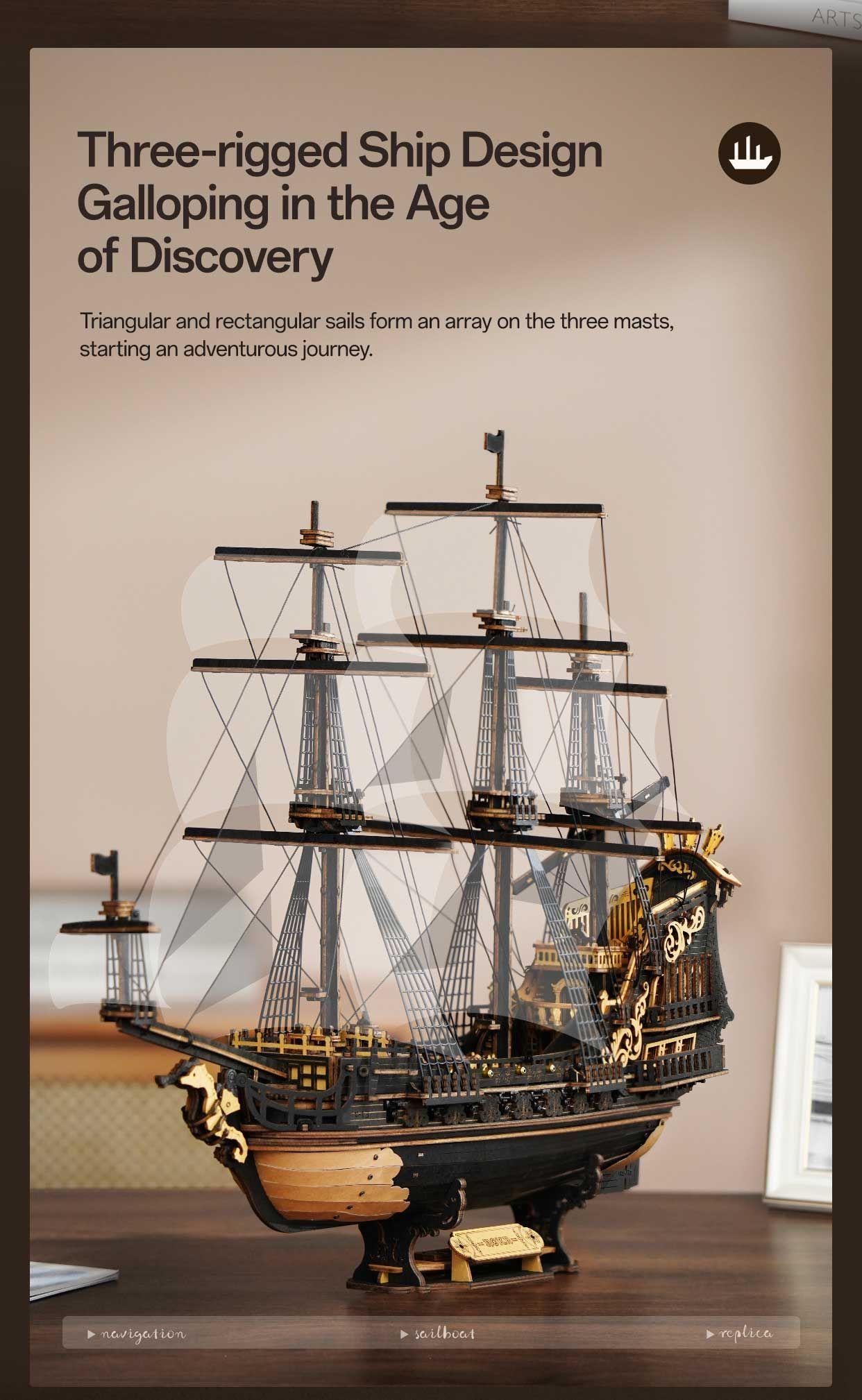 The Seahorse Barque 3D Wooden Puzzle | 603-Piece DIY Laser-Cut Model Ship | Wooden Warship Kit for Adults & Teens | Nautical Home Decor Gift
