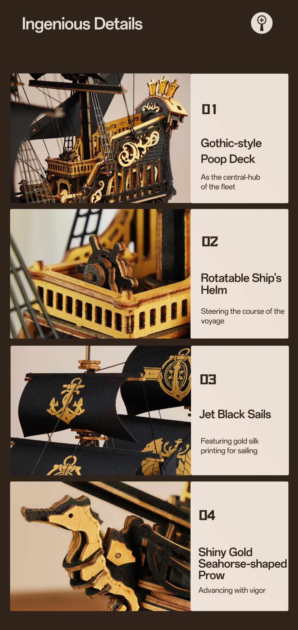 The Seahorse Barque 3D Wooden Puzzle | 603-Piece DIY Laser-Cut Model Ship | Wooden Warship Kit for Adults & Teens | Nautical Home Decor Gift