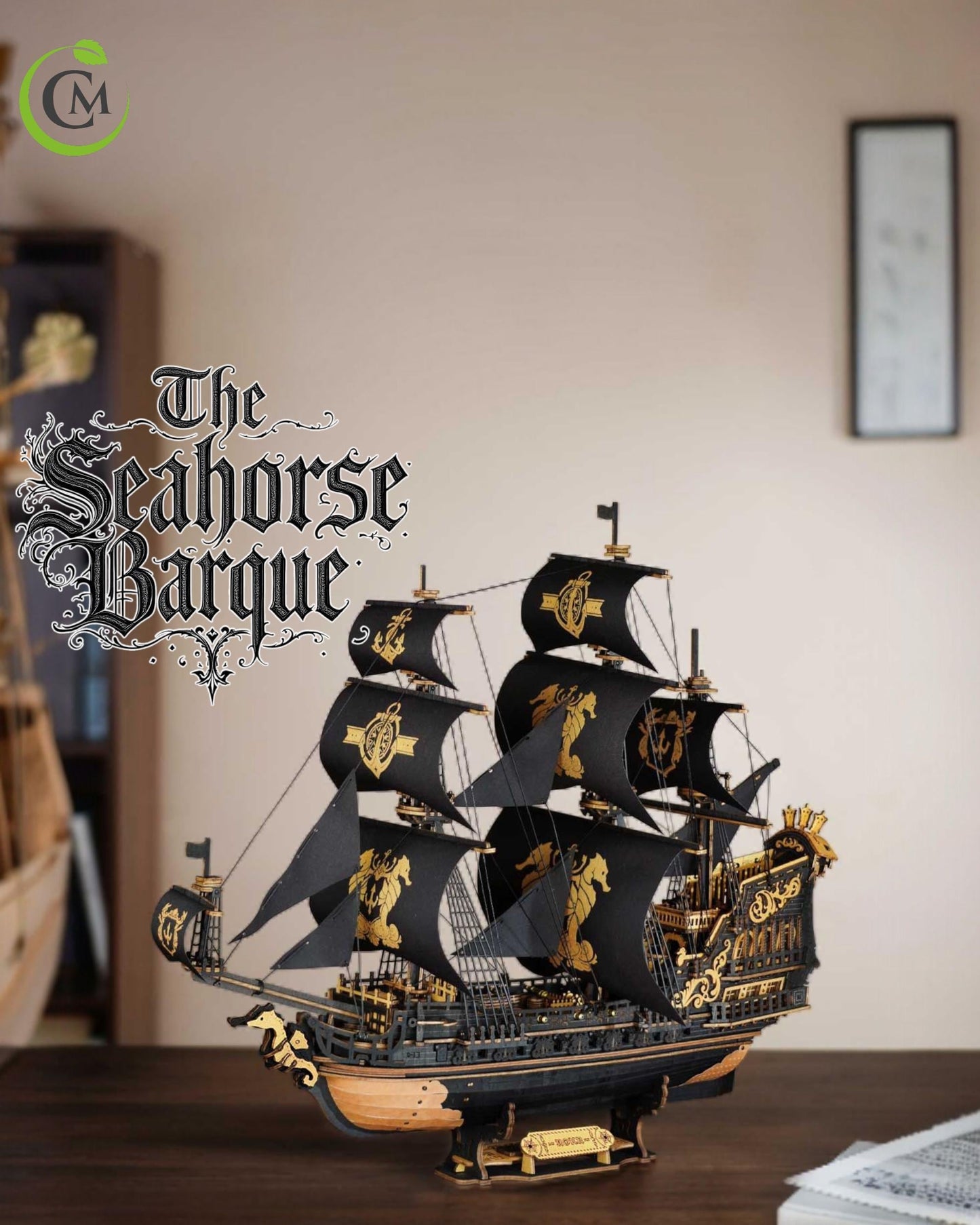 The Seahorse Barque 3D Wooden Puzzle | 603-Piece DIY Laser-Cut Model Ship | Wooden Warship Kit for Adults & Teens | Nautical Home Decor Gift
