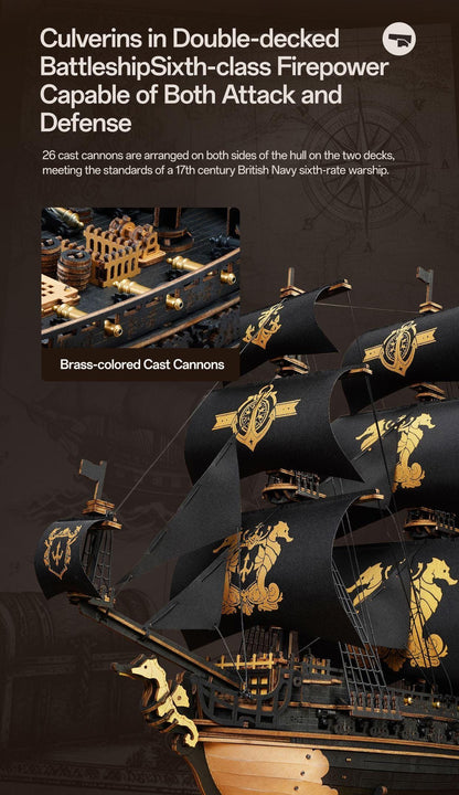 Seahorse Barque pirate ship 3D puzzle showing decorative black sails and brass-coloured side cannons.