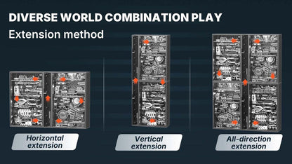 Mechanical marble run modular connection guide showing horizontal, vertical and multidirectional extension.