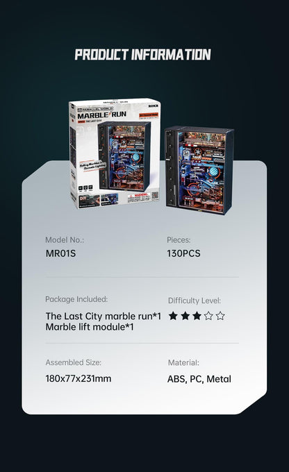 ROKR The Last City MR01S mechanical marble run kit specifications and product box.