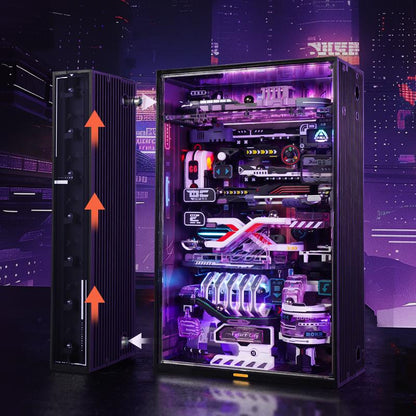 ROKR Parallel World Future City cyberpunk marble run model with purple LED lights and modular side panel.