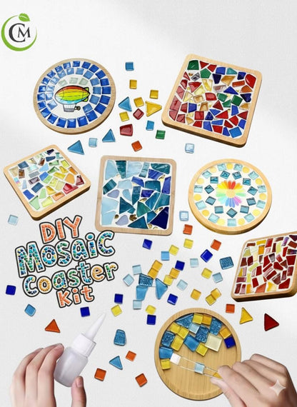 DIY mosaic coaster kit showing colourful round and square tile designs, loose mosaic pieces and hands crafting a coaster