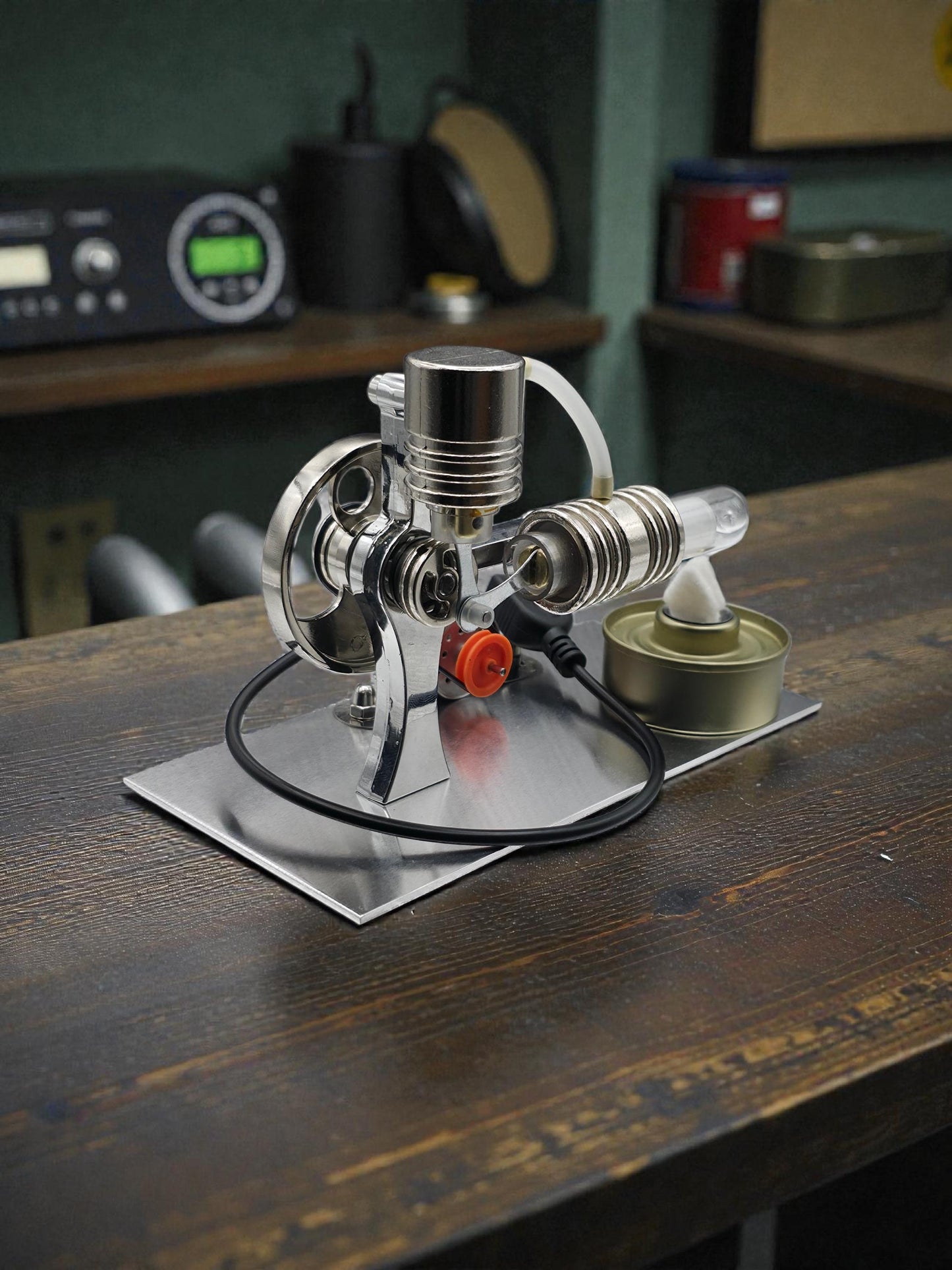 Stirling Engine Generator Model with USB Port and Flexible LED Light
