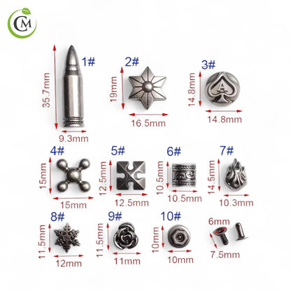 Decorative metal rivet size chart showing ten silver shapes with measurements.