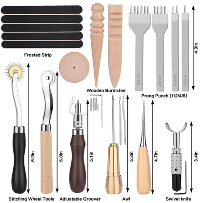 Leather working kit tools including edge slickers, pricking irons, swivel knife, groover and edge bevel tools.