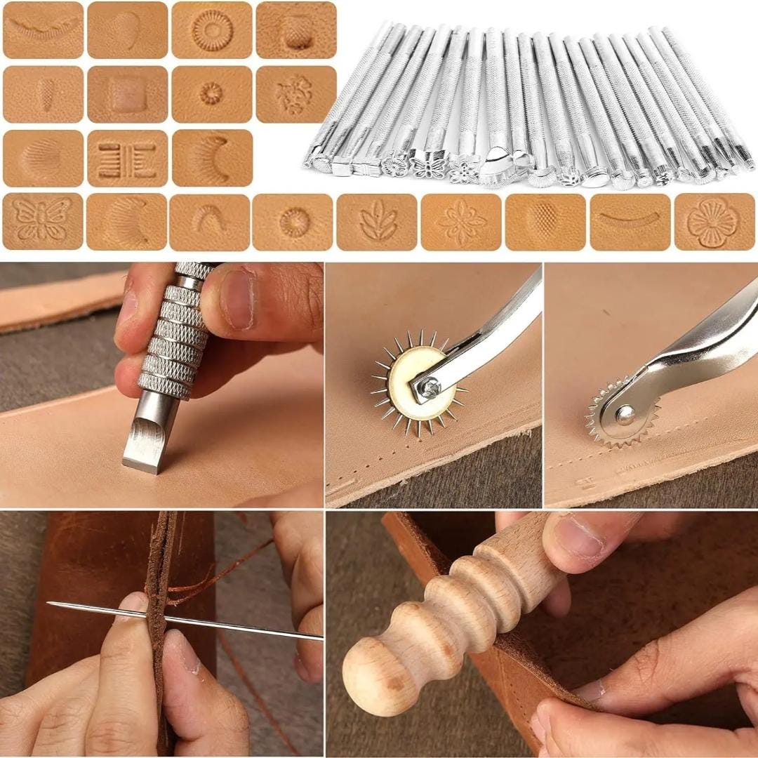 Professional Leather Working Kit with 20 Stamping Tools and Storage Box