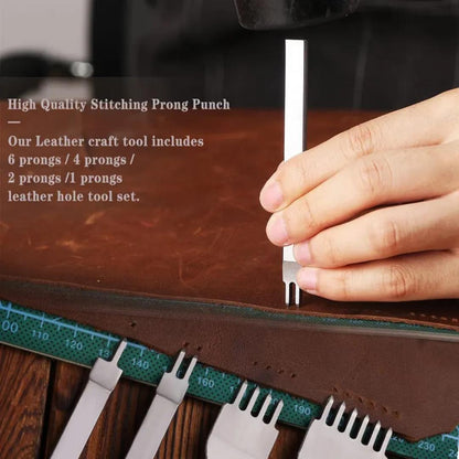 Hand pressing a metal leather stitching prong punch into brown leather on a wooden table.
