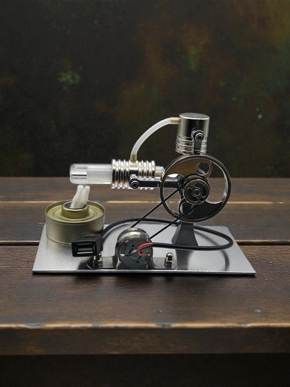 Stirling engine generator front view showing connecting rods, metal cylinder and fuel burner.