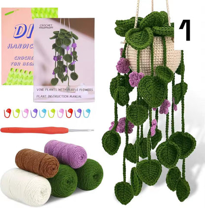 Purple-flower crochet vine plant kit with green heart-shaped leaves, yarn, hook and pattern booklet.