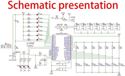 Detailed electronic schematic for the DIY laser harp soldering kit, showing microcontroller and components.