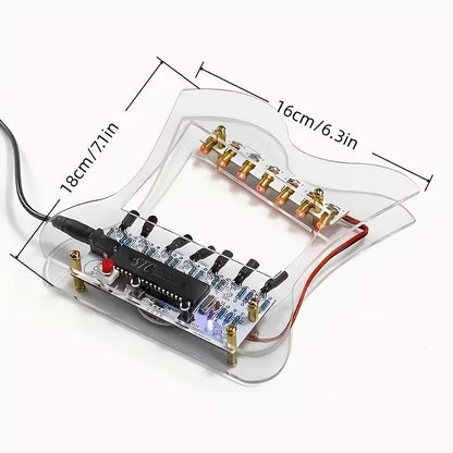 DIY electronic harp model size diagram showing transparent frame approximately 18 cm high and 16 cm wide.