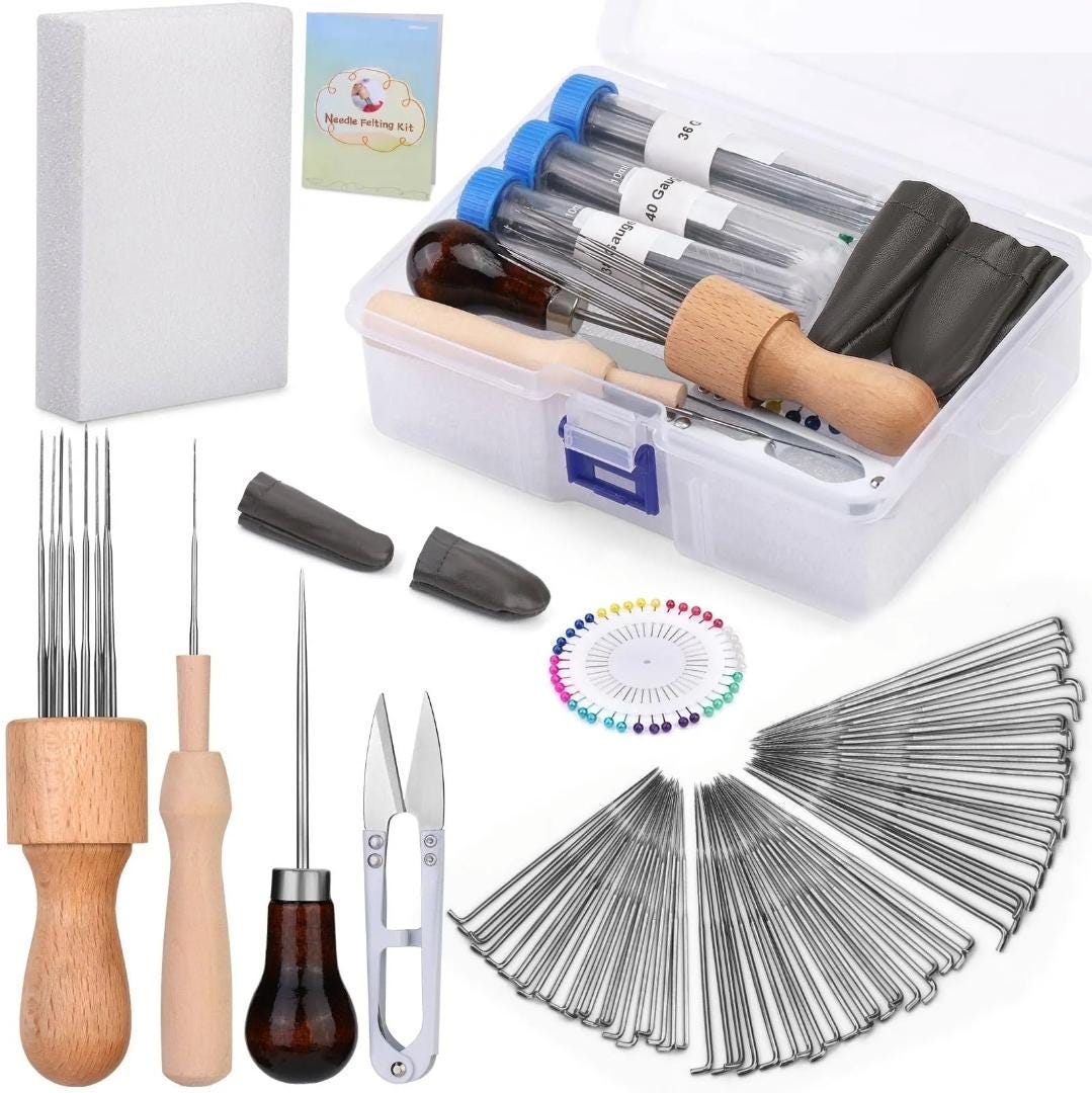 Needle Felting Kit with 60 Needles, Foam Mat & Wooden Handle Tool