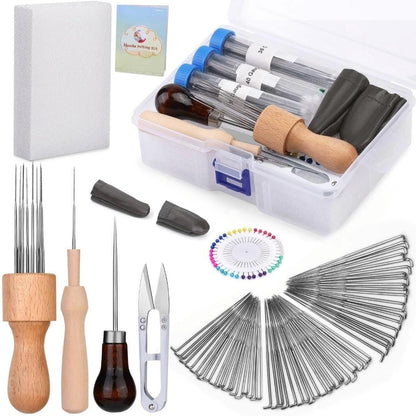 Open needle felting storage case showing metal needles, wooden holders, scissors and foam pad.