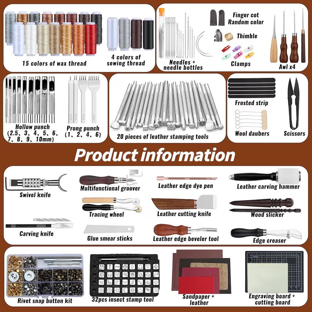 Leather Working Tool Kit: 100+ Pieces, Storage Bag, Wax Thread