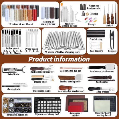 Leathercraft toolkit inventory chart showing waxed thread, needles, mallet, punches, groover, rivets and carving stamps.