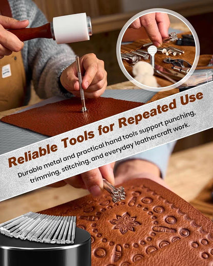 Hand striking a leather stamping tool with a white nylon mallet to imprint patterns into brown leather.