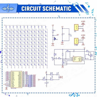 Electronic circuit schematic for music spectrum LED soldering kit showing light matrix and control circuitry.