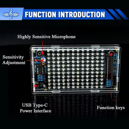 LED music spectrum kit function diagram identifying microphone, sensitivity control, USB-C power and function keys.